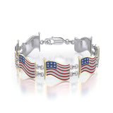 Silver and Gold American Flag with Enamel Link Bracelet TBGV399 - Jewelry