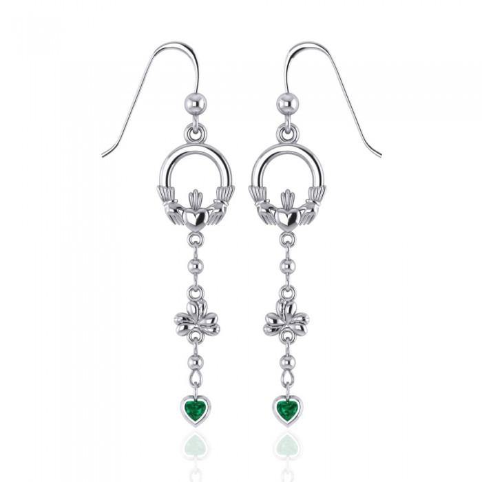 Celtic Claddagh Shamrock Emerald Glass Hearts Silver Earrings TER153 - Jewelry