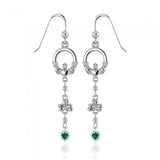 Celtic Claddagh Shamrock Emerald Glass Hearts Silver Earrings TER153