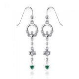 Celtic Claddagh Shamrock Emerald Glass Hearts Silver Earrings TER153 - Jewelry