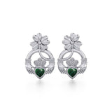 Lucky Four Leaf Clover on Claddagh Silver Post Earrings with stone TER1849