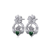 Lucky Four Leaf Clover on Claddagh Silver Post Earrings with stone TER1849 - Jewelry