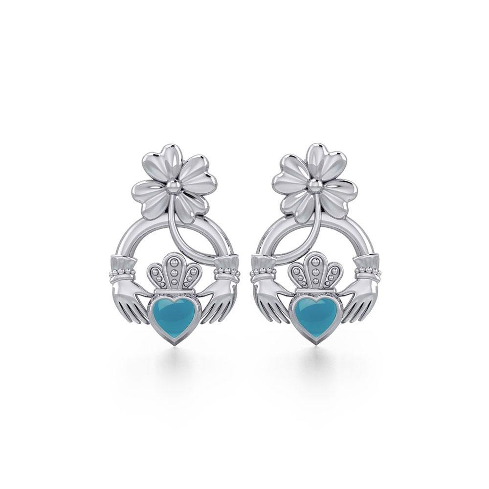 Lucky Four Leaf Clover on Claddagh Silver Post Earrings with stone TER1849 - Jewelry