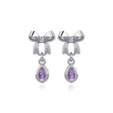 Ribbon with Dangling Teardrop Gemstone Silver Post Earrings TER1859