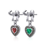 Ribbon with Dangling Marcasite Heart Gemstone Silver Post Earrings TER1860 - Jewelry