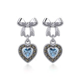 Ribbon with Dangling Marcasite Heart Gemstone Silver Post Earrings TER1860 - Jewelry