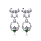 Ribbon with Dangling Gemstone Claddagh Silver Post Earrings TER1861