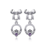Ribbon with Dangling Gemstone Claddagh Silver Post Earrings TER1861 - Jewelry