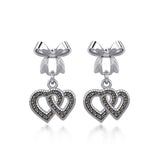 Ribbon with Dangling Marcasite Double Heart Silver Post Earrings TER1862 - Jewelry