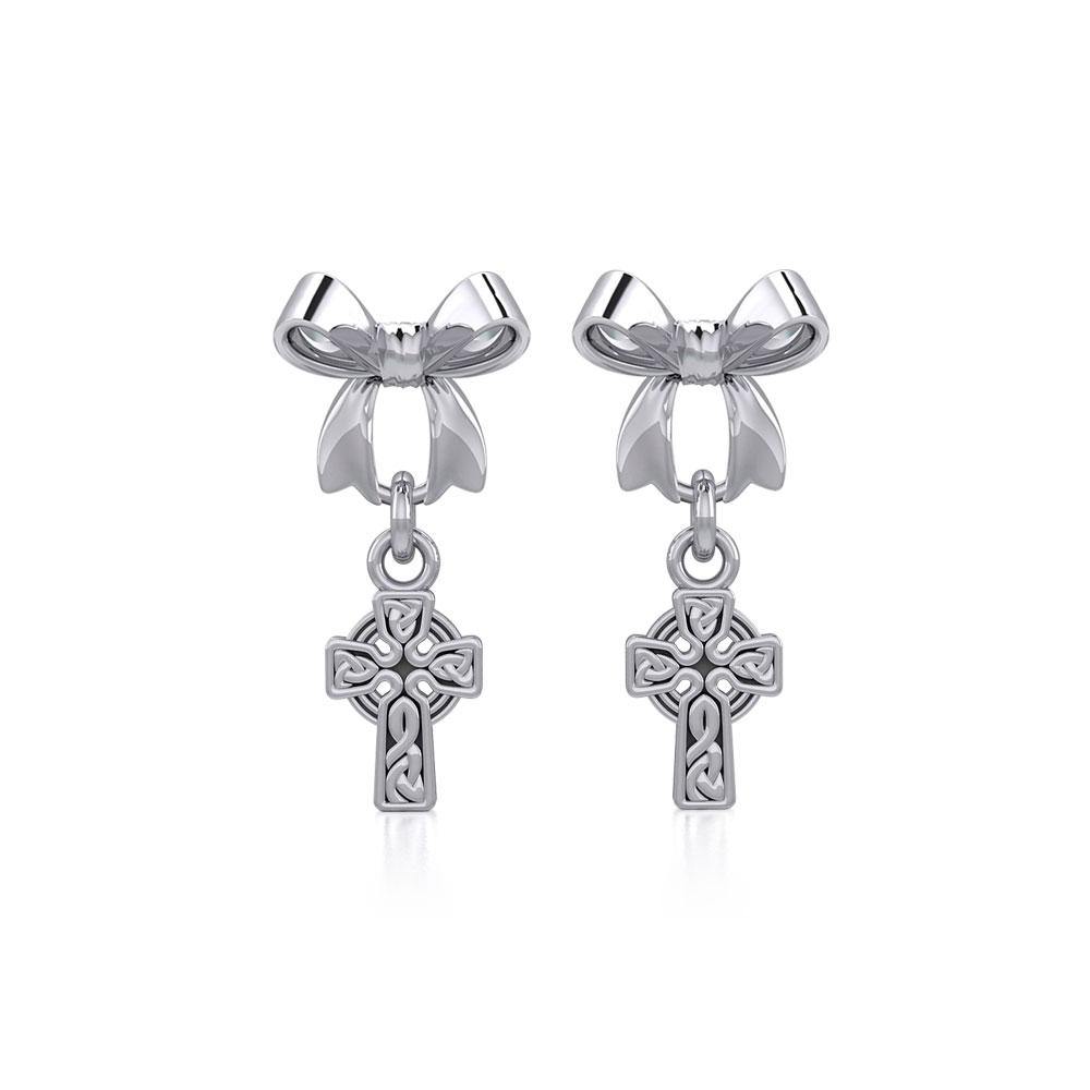 Ribbon with Dangling Celtic Cross Silver Post Earrings TER1864 - Jewelry