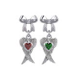 Ribbon with Dangling Double Angel Gemstone Wings Silver Post Earrings TER1866