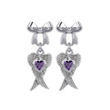 Ribbon with Dangling Double Angel Gemstone Wings Silver Post Earrings TER1866 - Jewelry