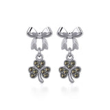 Ribbon with Dangling Marcasite Lucky Shamrock Clover Silver Post Earrings TER1867 - Jewelry