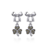 Ribbon with Dangling Marcasite Lucky Shamrock Clover Silver Post Earrings TER1867