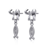 Ribbon with Dangling Christian Fish Silver Post Earrings TER1869 - Jewelry