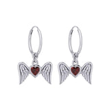 Gemstone Heart and Flying Angel Wings Silver Hoop Earrings TER2103