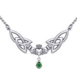Celtic Knotwork Claddagh Sterling Silver Necklace Jewelry with Green Gemstone