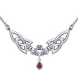 Celtic Knotwork Claddagh Sterling Silver Necklace Jewelry with Garnet Gemstone