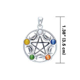 Five-Pointed Star  & Crescent Moons Sterling Silver Pendant With Gem TP3275