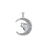 Wolf Head with Celtic Crescent Moon Silver Pendant TPD5552