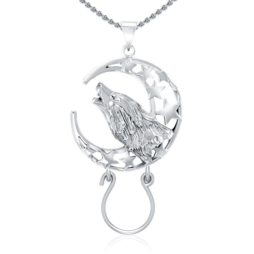 Baying Wolf and Moon Silver Charm Holder Pendant TPD5083 - Jewelry