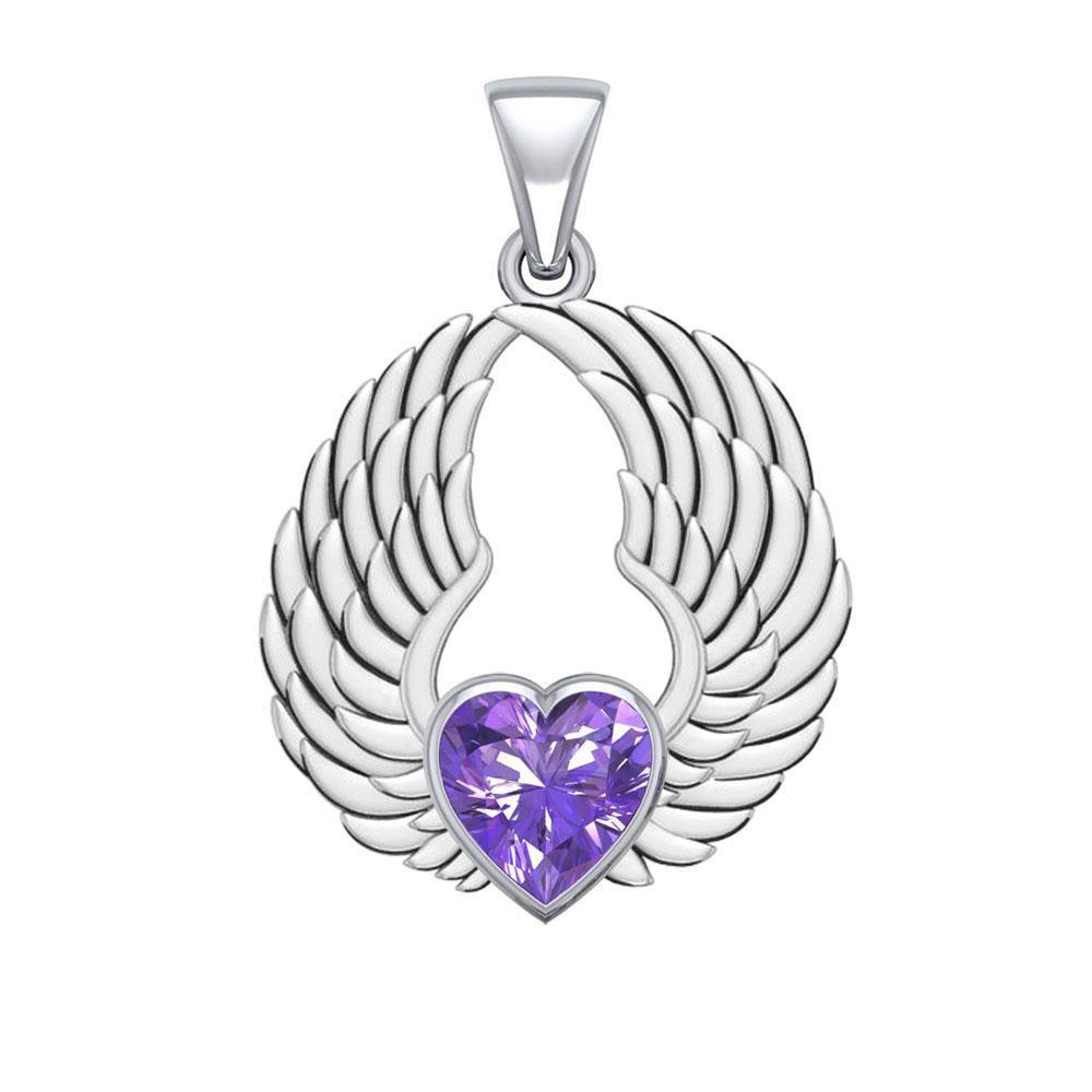 Gemstone Heart and Angel Wings Silver Pendant TPD5223 - Jewelry