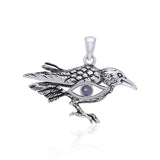 Mythical Raven with Gemstone Eye of Wisdom Silver Jewelry Pendant TPD5254 - Jewelry
