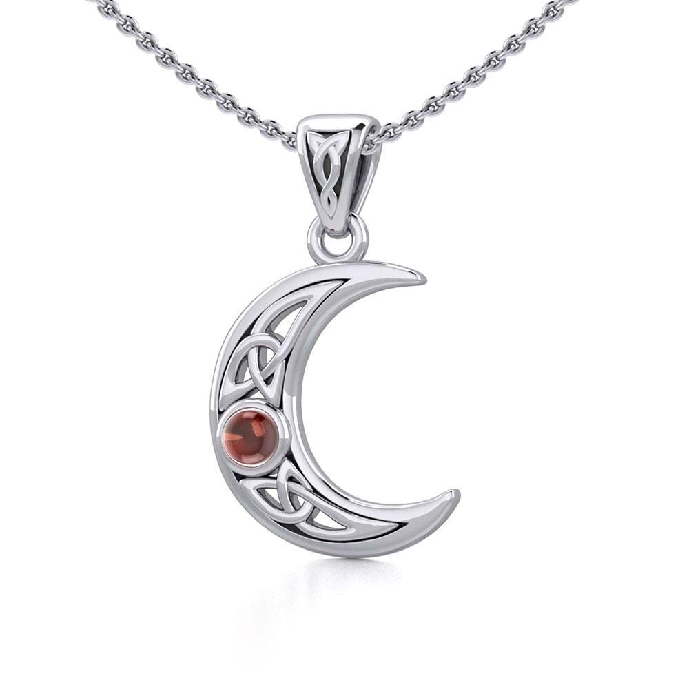 Small Celtic Crescent Moon Silver Pendant with Gemstone TPD5274 - Jewelry