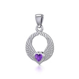 Double Angel Wings Silver Pendant with Gemstone TPD5286