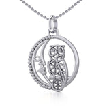 Silver Flower of Life Owl on The Crescent Moon Pendant TPD5301 - Jewelry