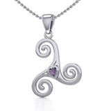 Celtic Spiral Triskele Silver Pendant with Heart Gemstone TPD5335 - Jewelry