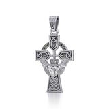 Celtic Cross and Irish Claddagh Silver Pendant with Heart Gemstone TPD5340 - Jewelry