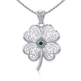 Lucky Celtic Four Leaf Clover Silver Pendant with Gemstone TPD5373 - Jewelry