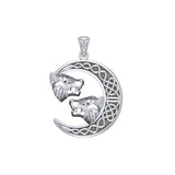 Double Wolf Heads with Celtic Crescent Moon Silver Pendant TPD5424