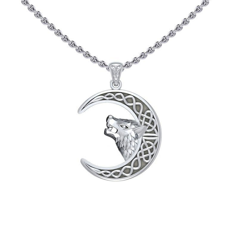 Wolf Head with Celtic Crescent Moon Silver Pendant TPD5552