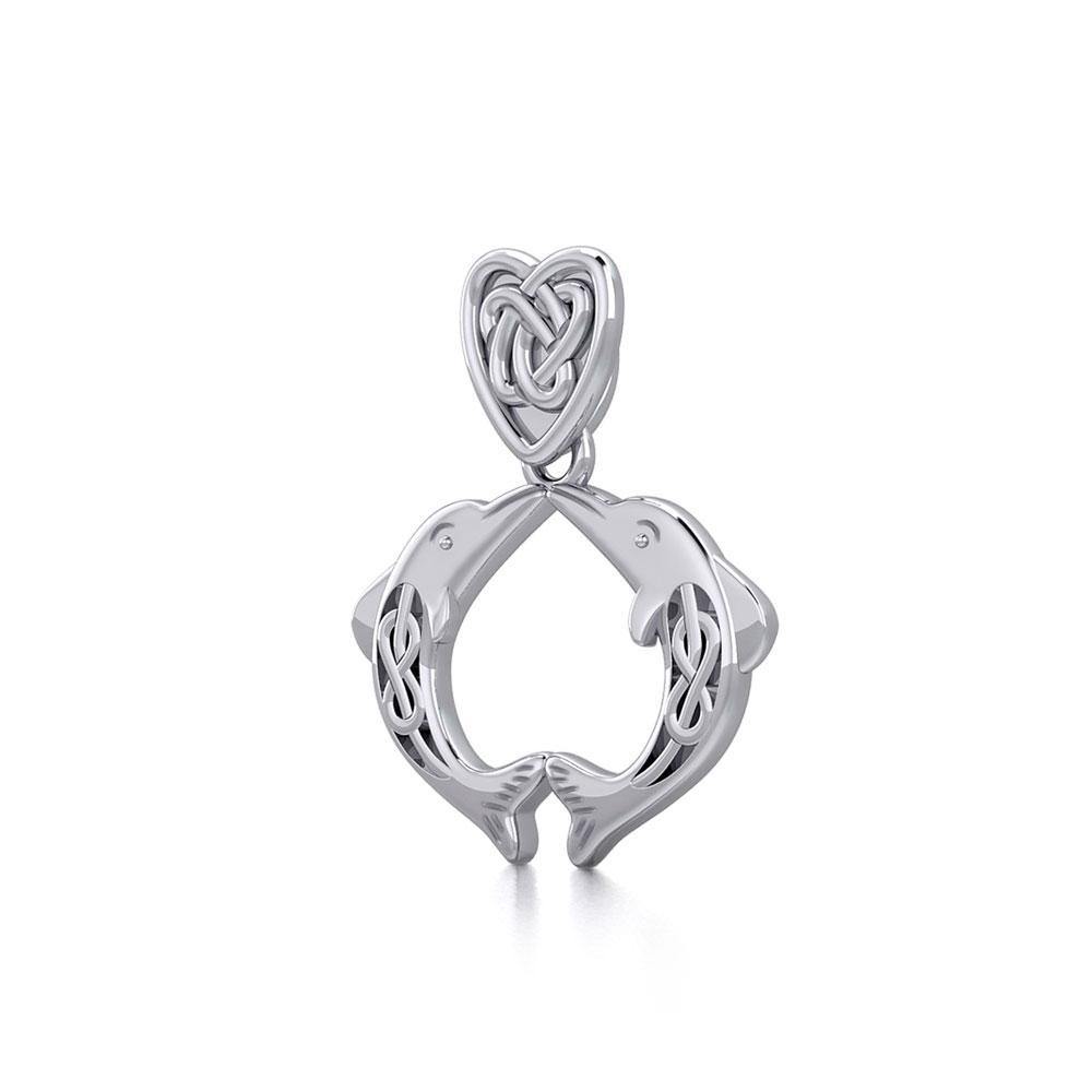 Celtic Double Dolphins with Celtic Heart Bale Silver Pendant TPD5697 - Jewelry
