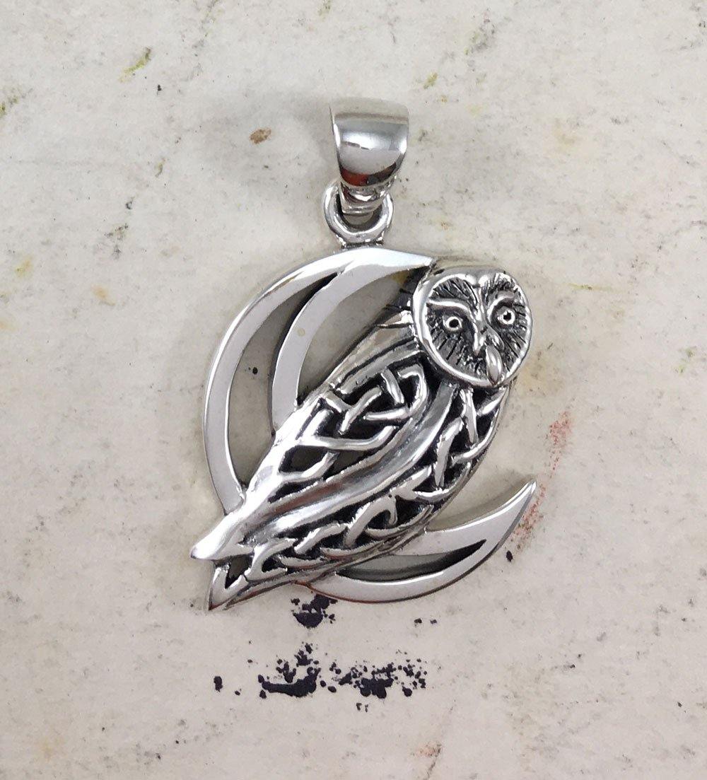 Celtic Owl on Crescent Moon Silver Pendant TPD5714