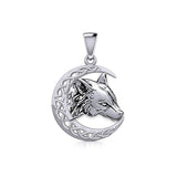 Wolf with Celtic Crescent Moon Silver Pendant TPD5726