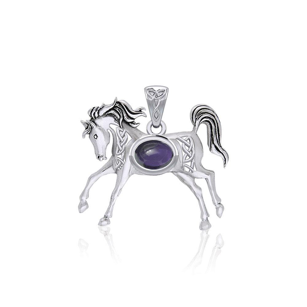 Celtic Running Horse Silver Pendant with Gem TPD5730 - Jewelry