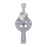 Celtic Knotwork Silver Cross with Harp Pendant TPD5865 - Jewelry