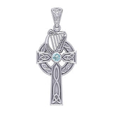 Celtic Knotwork Silver Cross with Harp Pendant TPD5865 - Jewelry