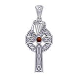 Celtic Knotwork Silver Cross with Harp Pendant TPD5865 - Jewelry