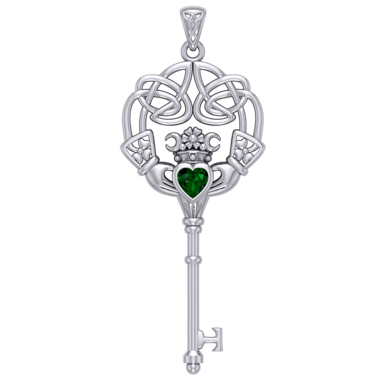 Sliver Claddagh Necklace with Green CZ Heart