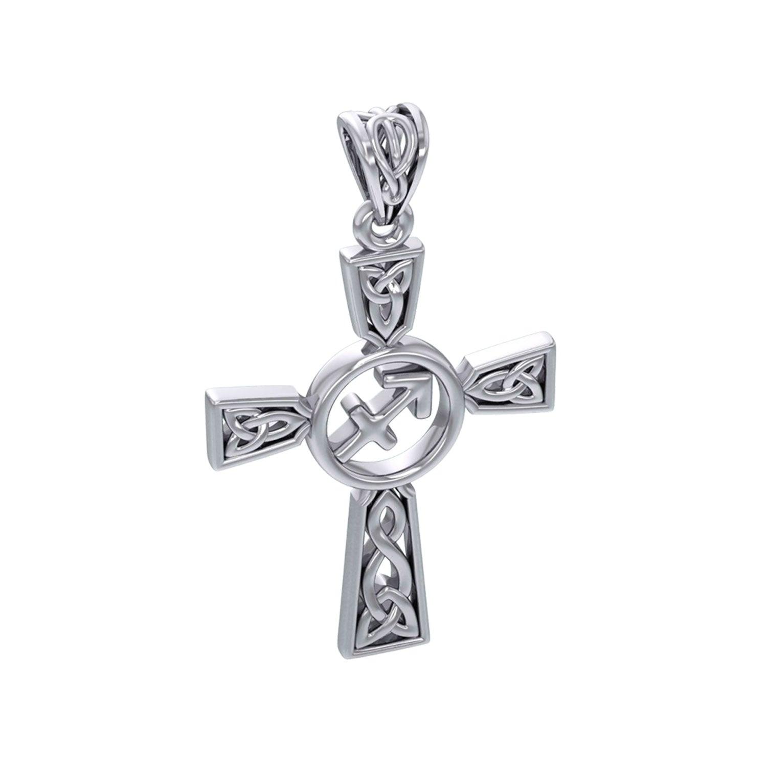 Celtic Cross Sagittarius Astrology Zodiac Sign Silver Pendant