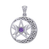 Triple Goddess and Celtic Crescent Moon Silver Pendant with Gemstone TPD5972 - Jewelry