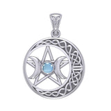 Triple Goddess and Celtic Crescent Moon Silver Pendant with Gemstone TPD5972 - Jewelry