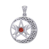 Triple Goddess and Celtic Crescent Moon Silver Pendant with Gemstone TPD5972 - Jewelry