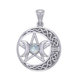 Triple Goddess and Celtic Crescent Moon Silver Pendant with Gemstone TPD5972