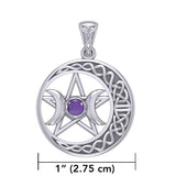 Triple Goddess and Celtic Crescent Moon Silver Pendant with Gemstone TPD5972