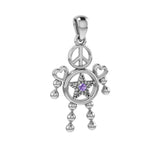 Peace with Five-Pointed Star and Love Doll Silver Pendant With Gem TPD6109